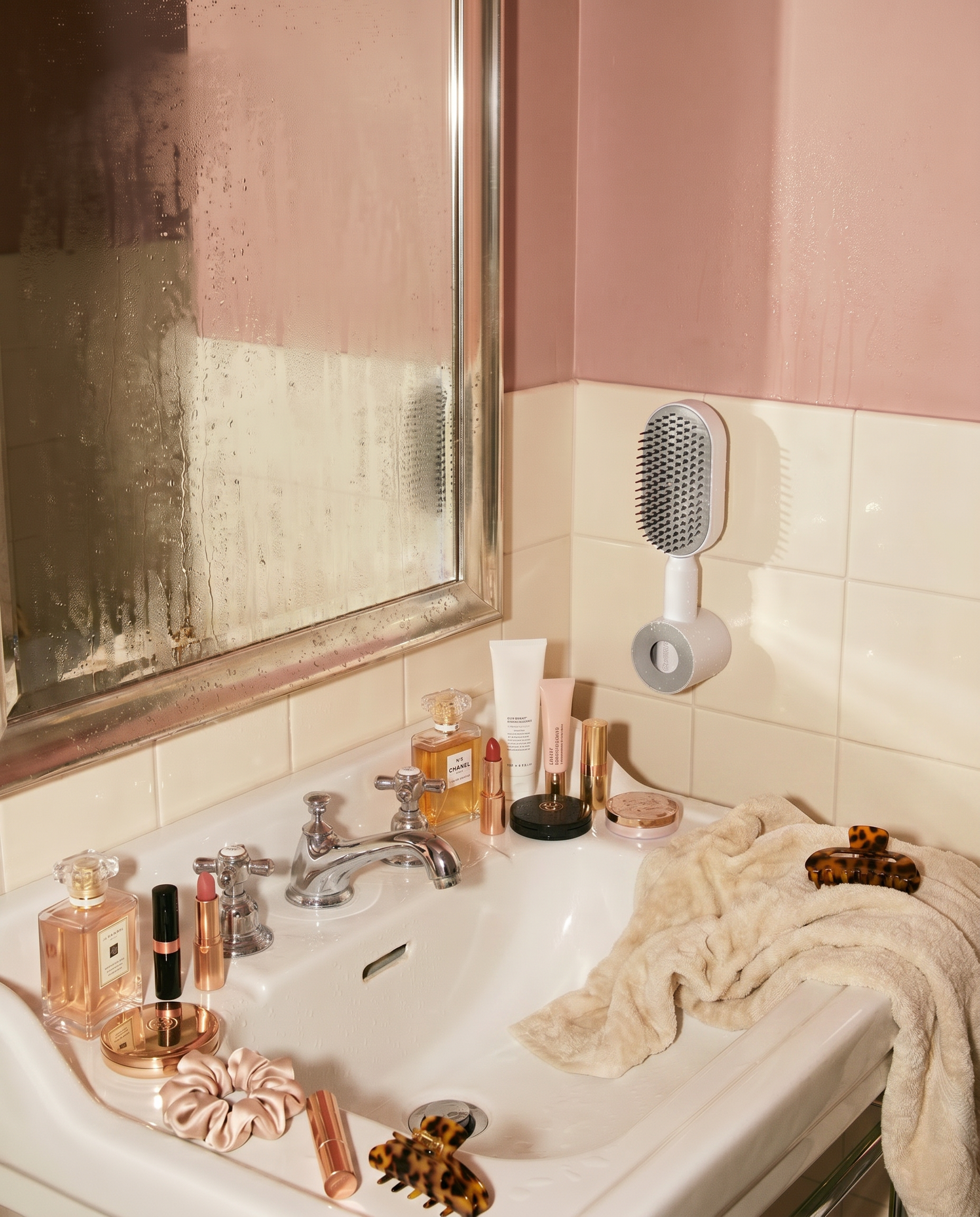 Brosse à cheveux Birushi posée près d'un lavabo