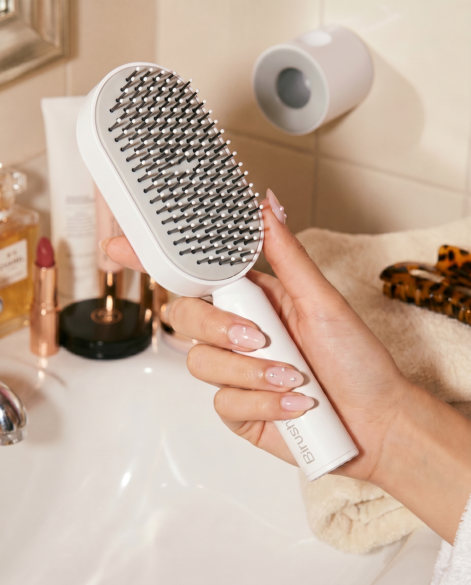 Brosse à cheveux Birushi propre tenue au-dessus d'un lavabo